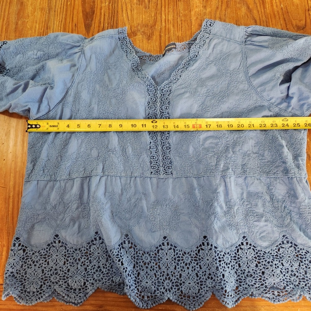 Democracy Women's 100% Cotton Plus Size 3X Crochet V-Neck Short Sleeve Top Blue - Picture 5 of 12